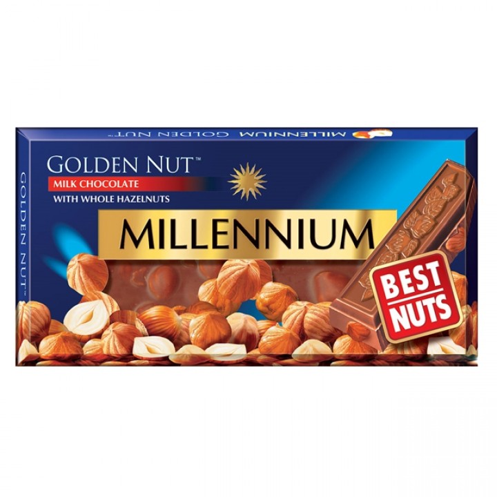 Шоколад молочний Millennium Gold з цілісним горіхом, 100г (482007550622)